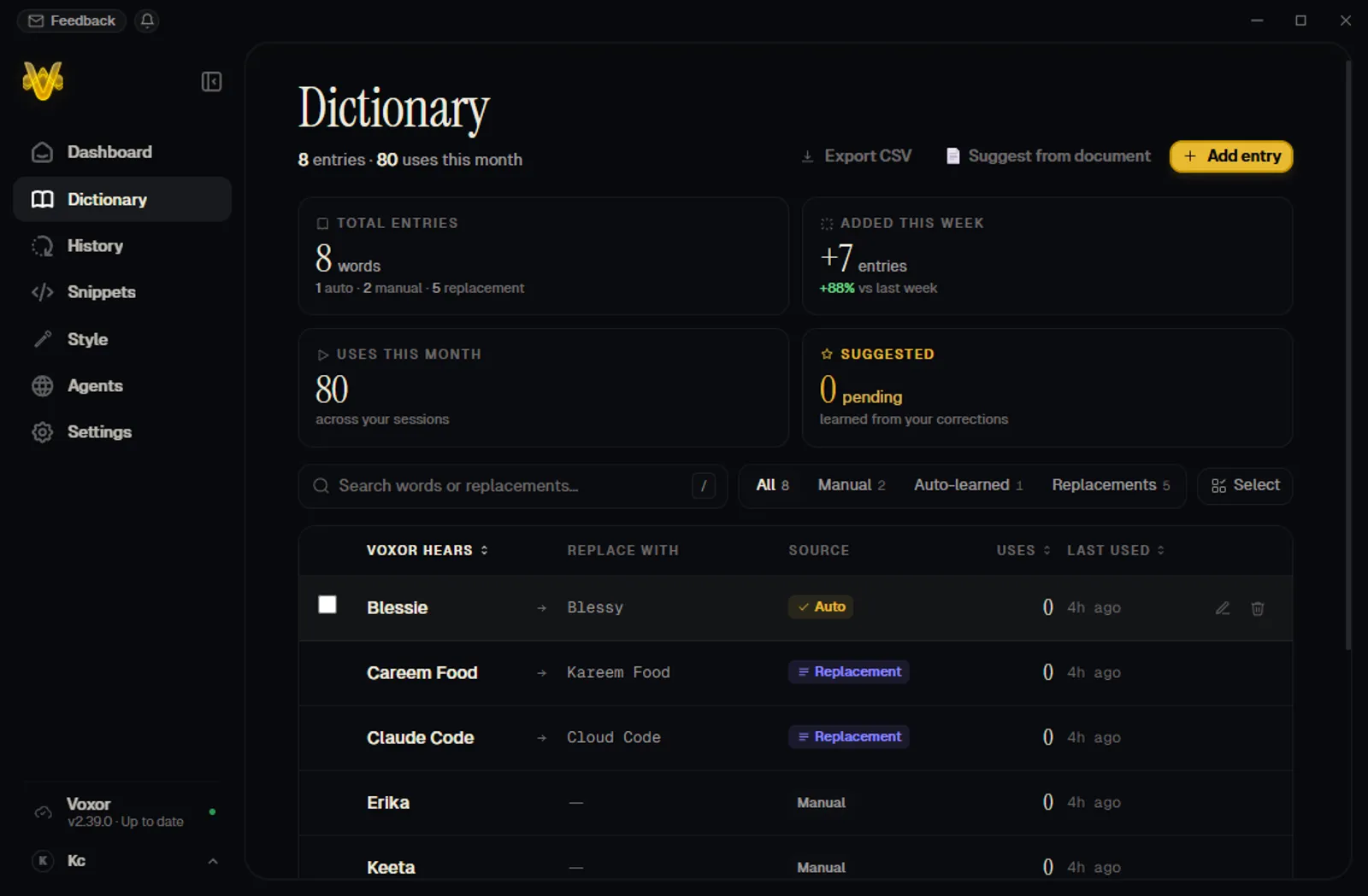 Voxor smart dictionary page