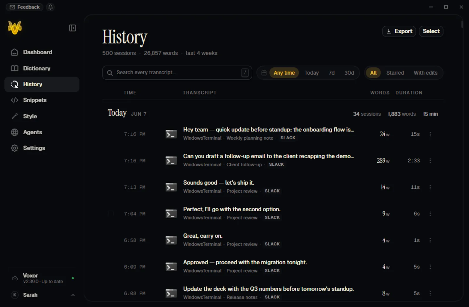 Voxor history with AI diff view