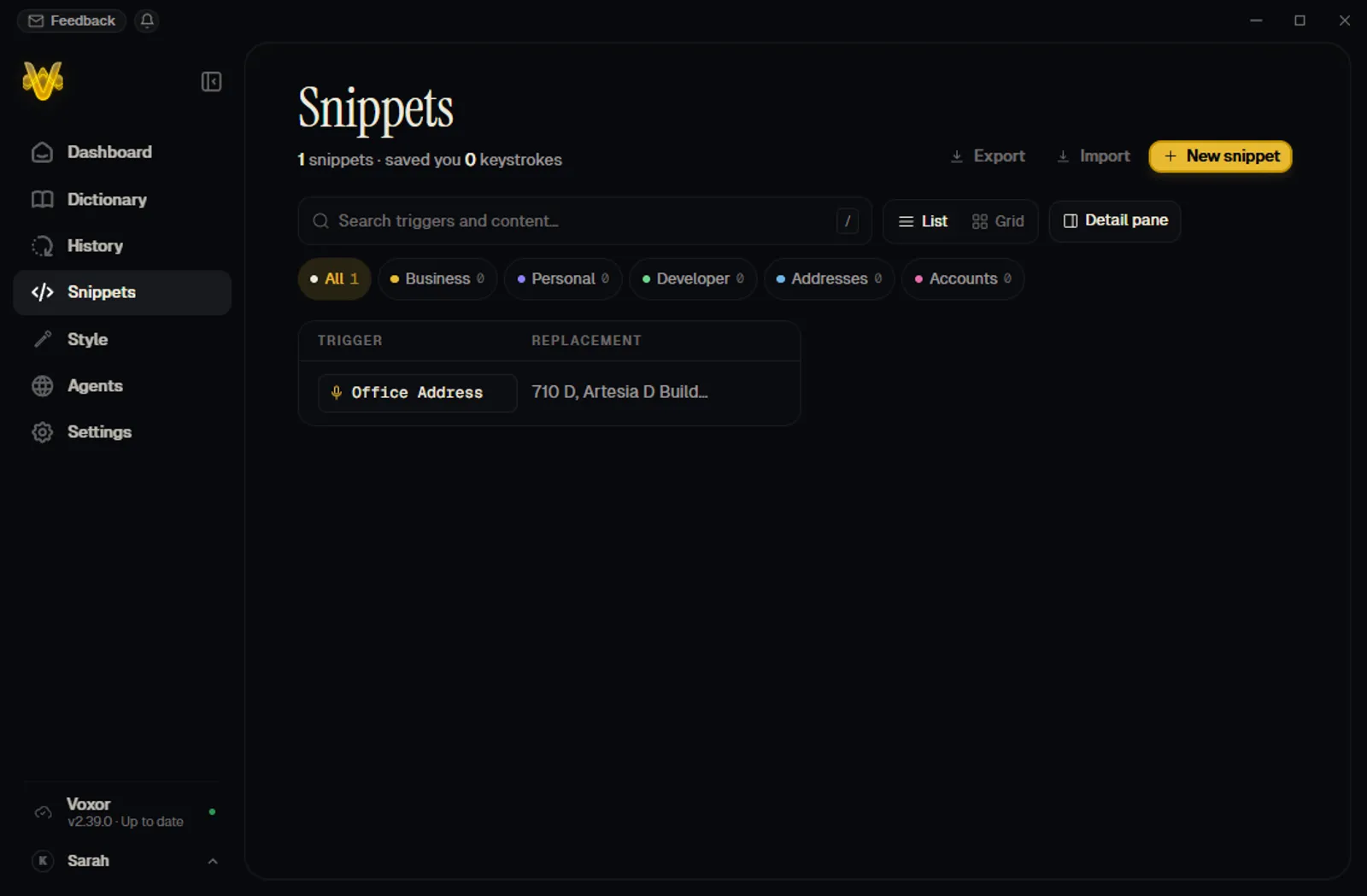Voxor snippets page