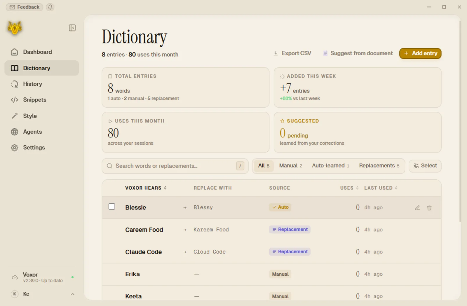 Voxor smart dictionary page
