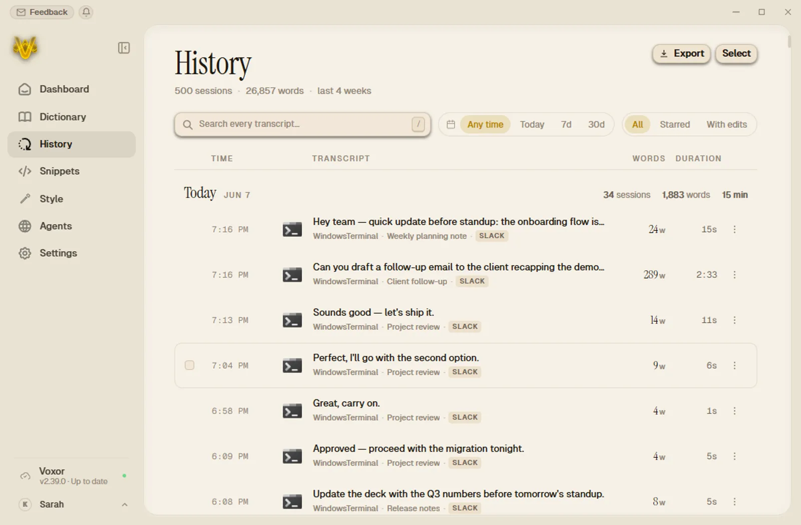 Voxor history with AI diff view