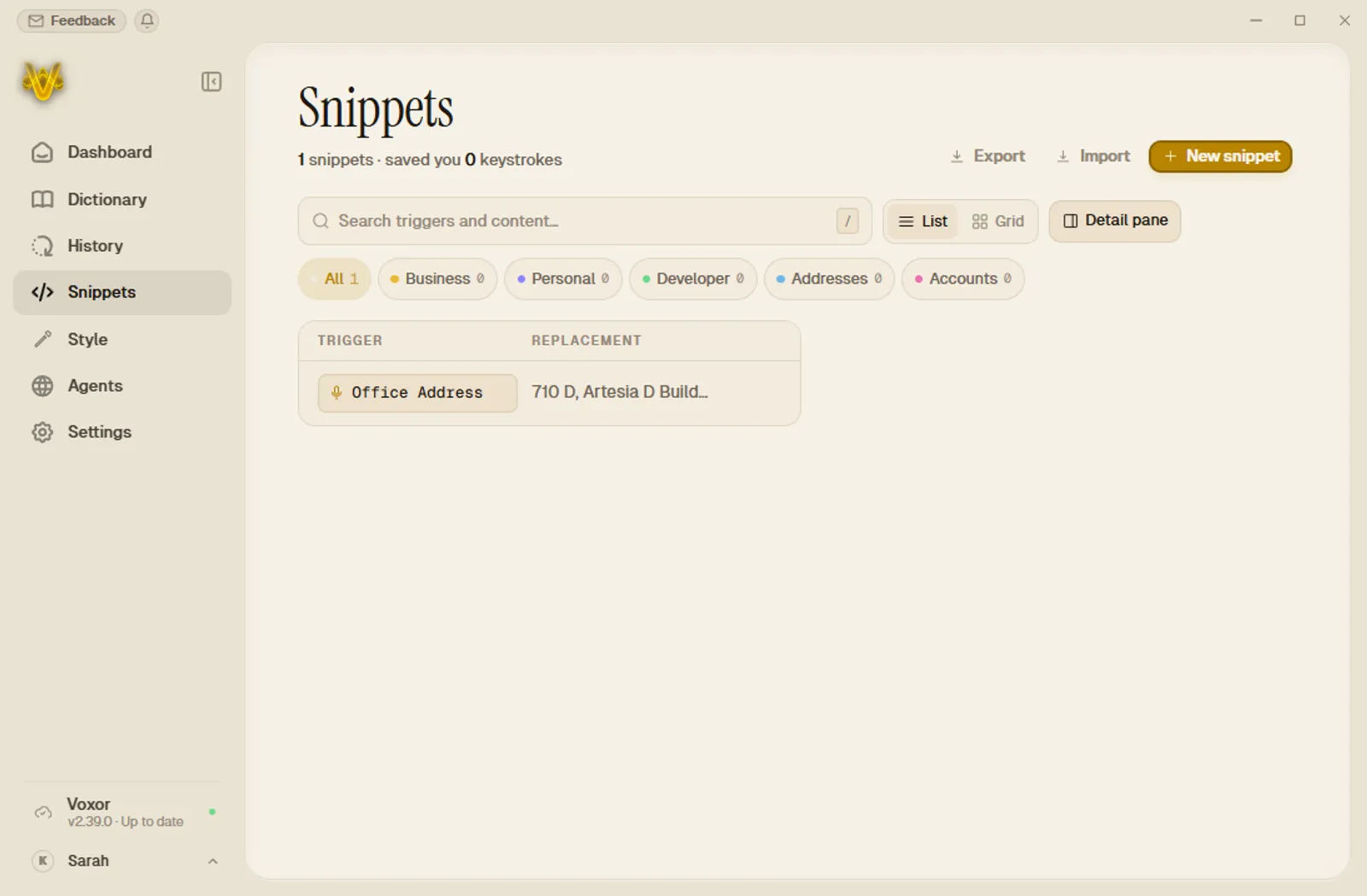 Voxor snippets page